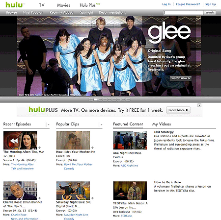 動画サイト「Hulu」。2011年4月現在、動画視聴は米国ユーザーのみに限られている