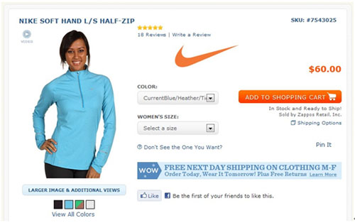 Zapposの商品ページ。左側の女性の写真をクリックすると、詳細写真と動画のリンクを見ることができる