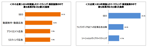 2014年に最も効果があったと感じた施策(左:中小企業、右:大企業)