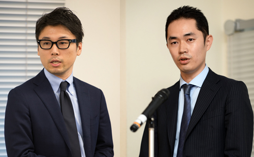 株式会社アイモバイル アドネットワーク事業本部 PC推進部 第一アカウントグループ グループリーダー 岡本 俊介氏(左)、サイジニア株 式会社営業企画部 セールスグループ マネージャー北村 哲也氏
