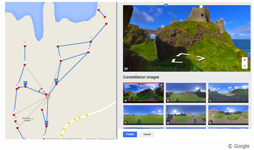 Google マップ ビュー機能の「Constellations(コンステレーション)」を使うと、<br />
イメージをつなげてオリジナルストリートビューを作成できる。