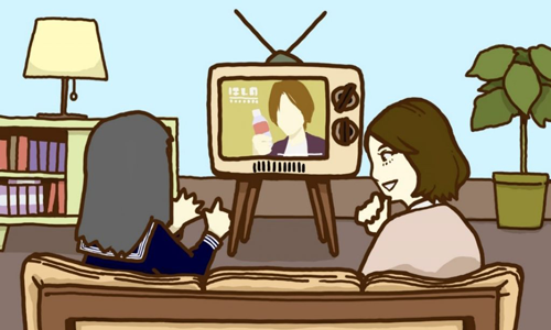「女子高生AI りんな」と大阪大学大学院情報科学研究科 荒瀬 由紀准教授が、テレビを見て感情を共有しているイメージ