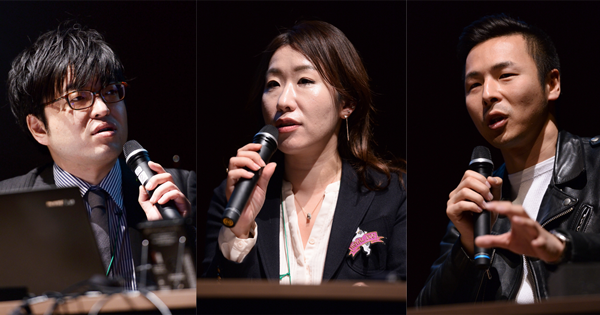 写真左から、MarkeZine編集部 押久保 剛、ロイヤリティマーケティング コミュニケーション本部 ブランディング・コンテンツ部 張 素芸氏とMEGWIN TV代表 MEGWIN氏