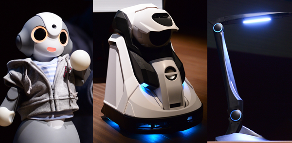左から人工知能KIBITを搭載したロボット「Kibiro」、「ライブシェル」、「ルミジェント」。パネルのゲストとして登場してくれた