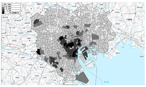 平日14時に富裕層が多くいる地域(東京23区:昼間人口ベース)